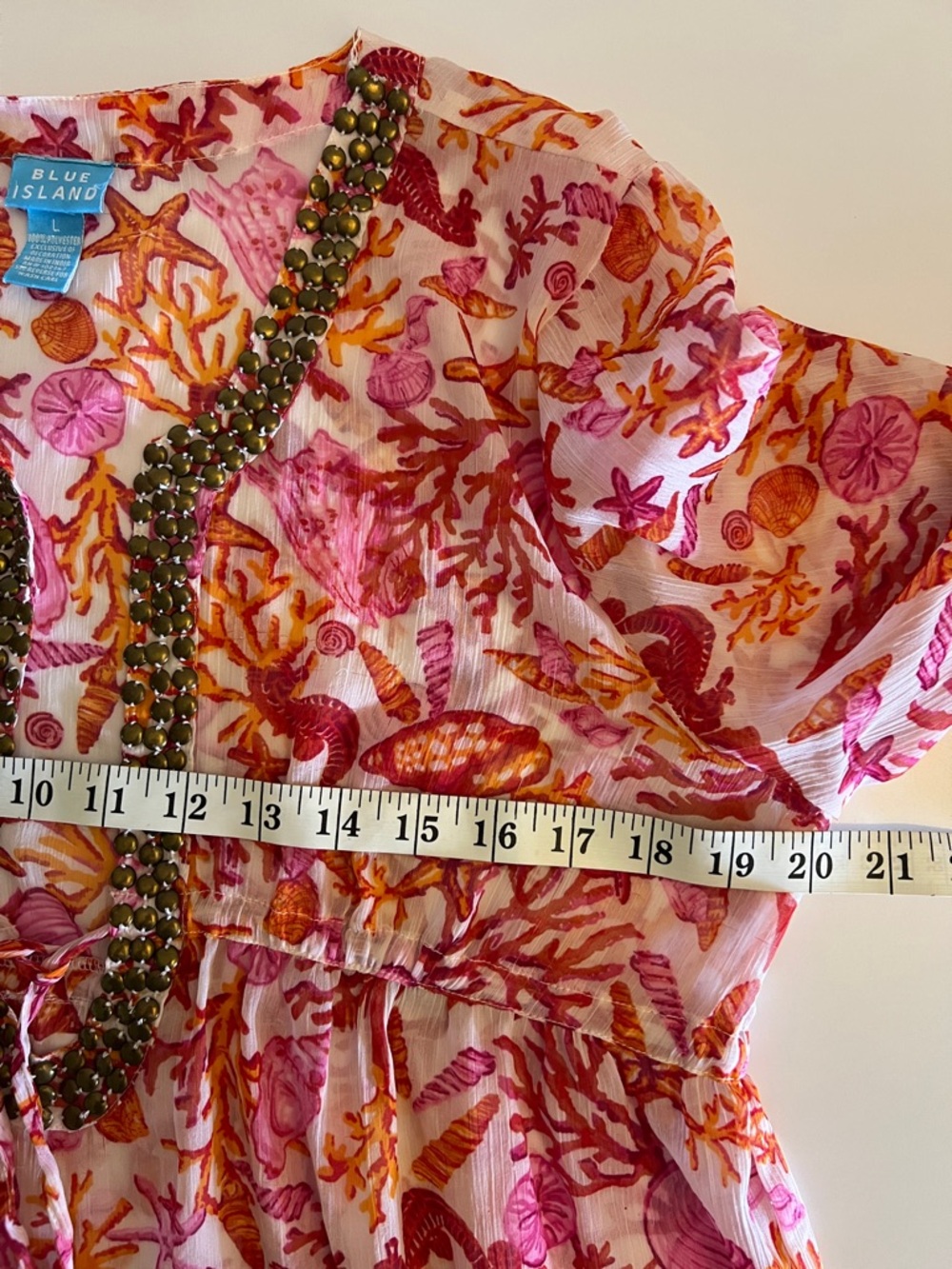 blue island Pink and Orange Printed Tunic with Beaded Neckline - Picture 6 of 8